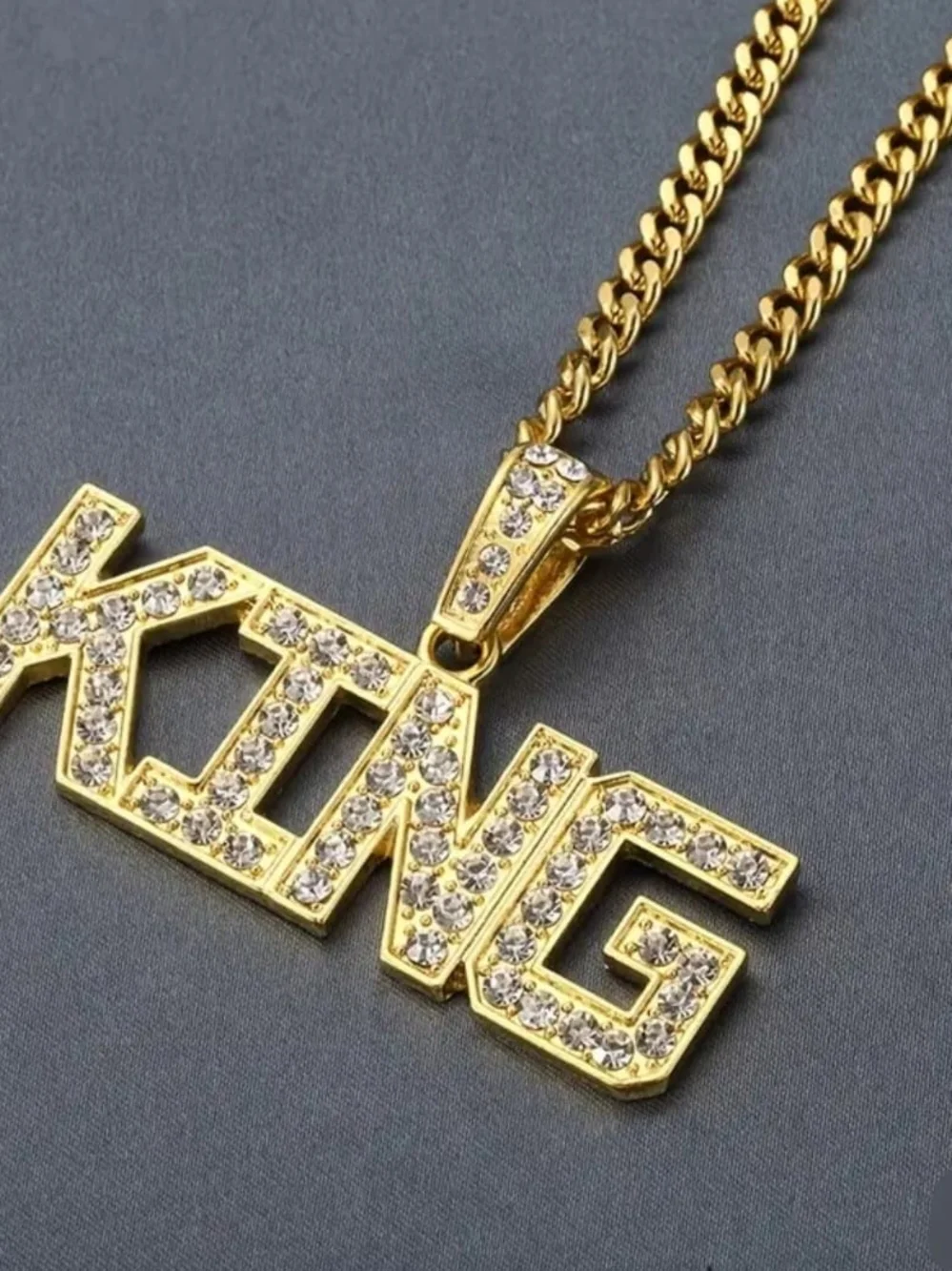 Gold 'KING' Pendant Necklace with Rhinestones